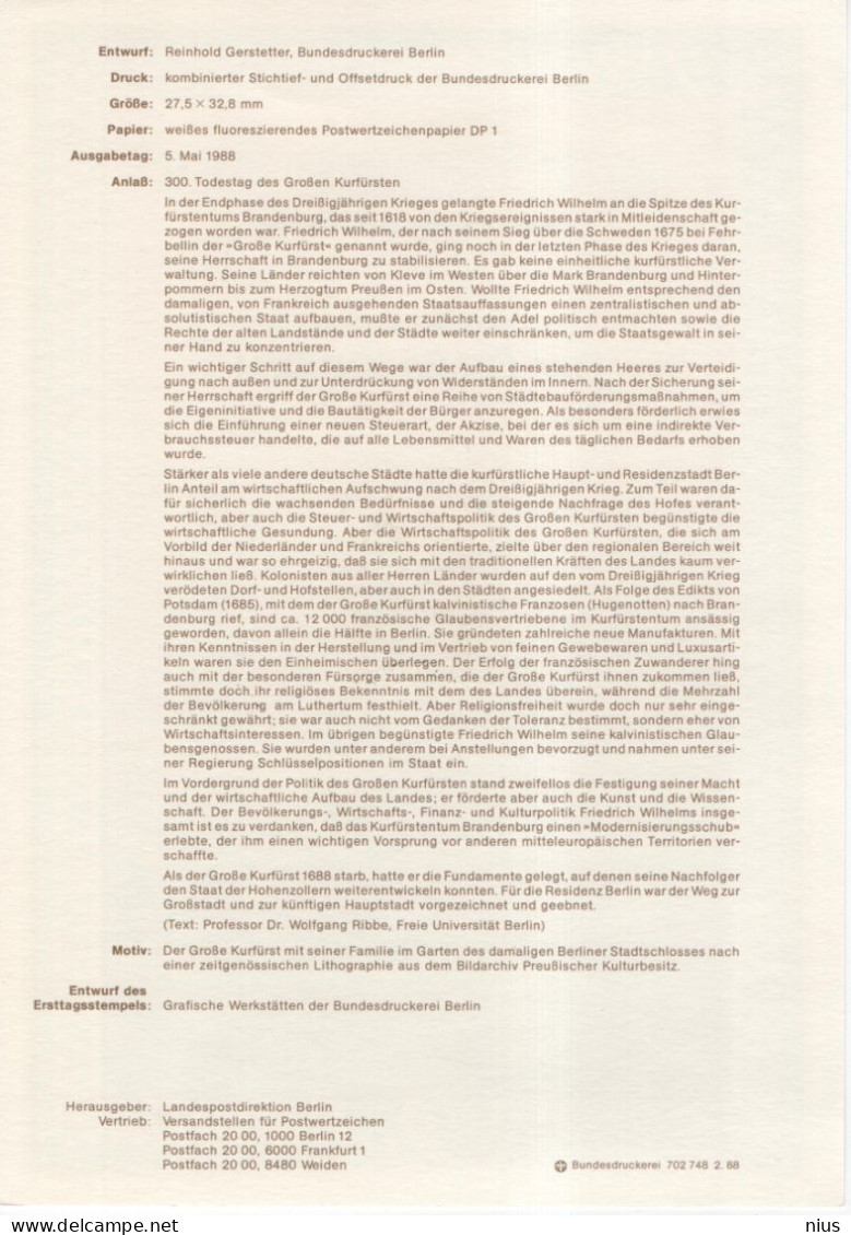 Germany Deutschland 1988-09 Friedrich Wilhelm, Der Grosse Kurfurst, Canceled In Berlin - 1981-1990