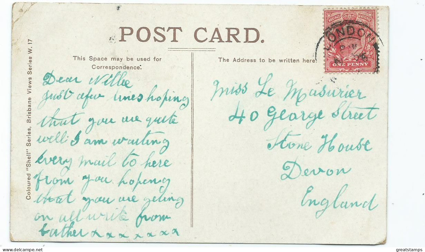 Australia   Postcard Brisbane Parliament   Posted Coloured Shell Series Posted 1907 Gb Stamp - Brisbane