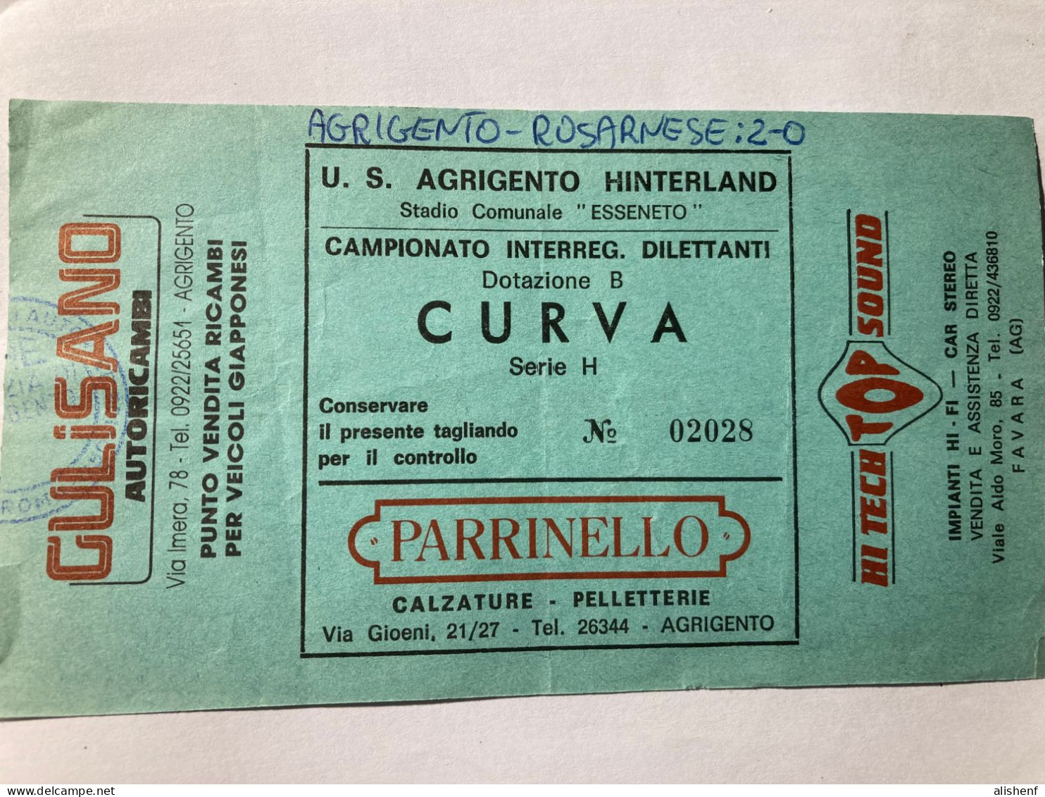 Biglietto Stadio Esseneto Agrigento Akragas Rosarnese Campionato Interregionale 1991-92 - Tickets - Vouchers