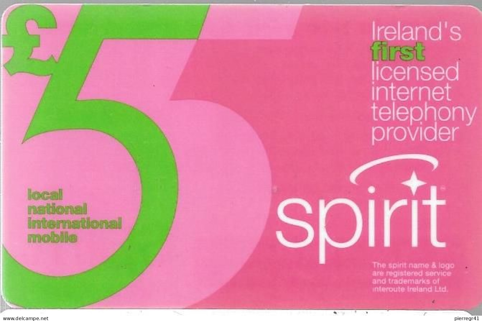 CARTE-PREPAYE-IRELANDE-SPIRIT- 5£--Gratté-Plastic Epais-TBE-RARE - Ireland