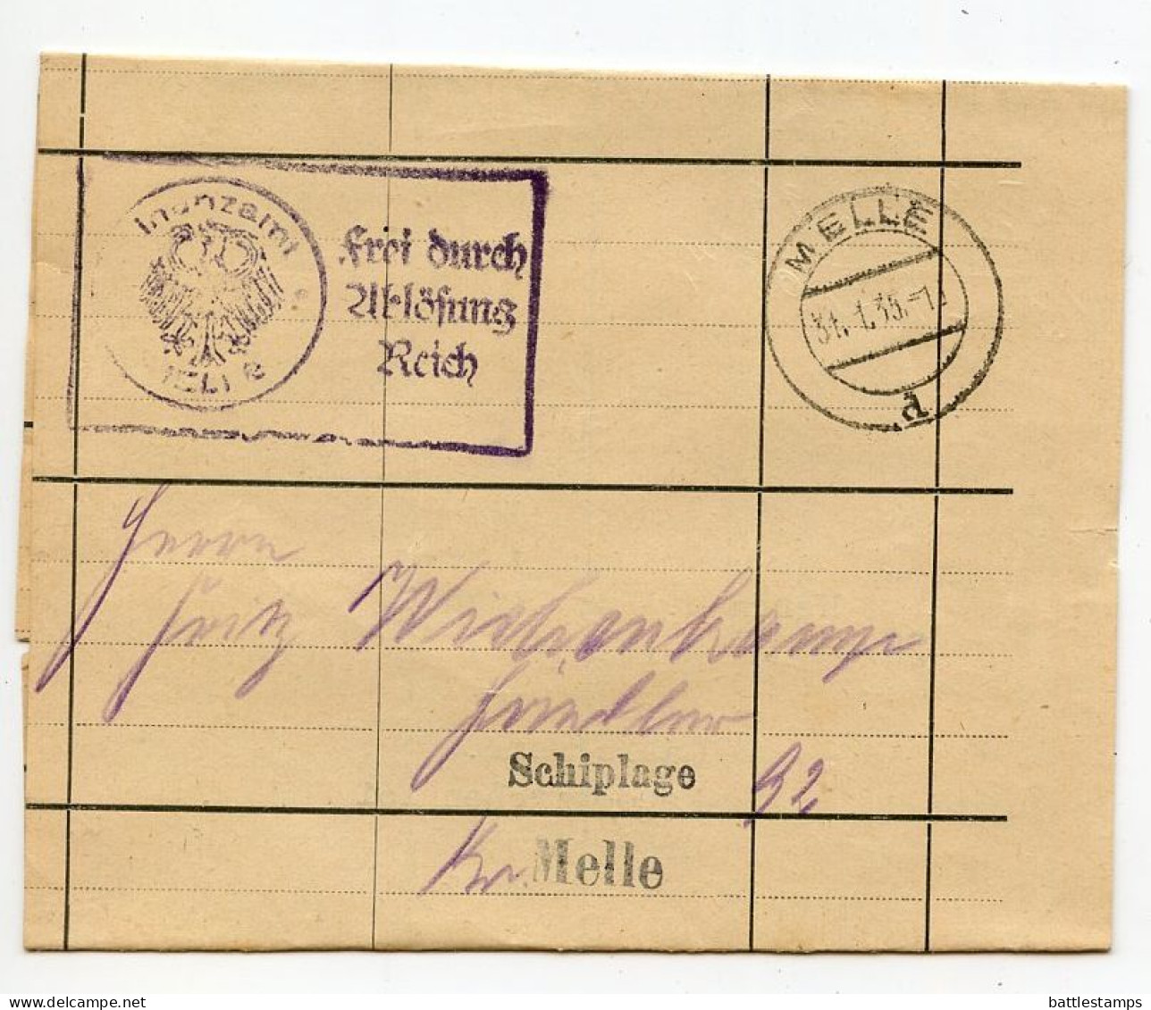 Germany 1935 Official Wrapper; Melle - Finanzamt (Tax Office) To Schiplage - Brieven En Documenten