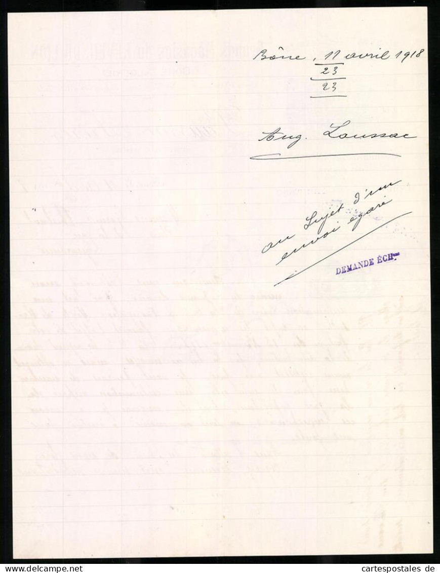 Facture Bone 1918, Grnads Magasins Du Reveil Du Lion, Geschäfstshaus Am Cours Bertagna  - Sonstige & Ohne Zuordnung