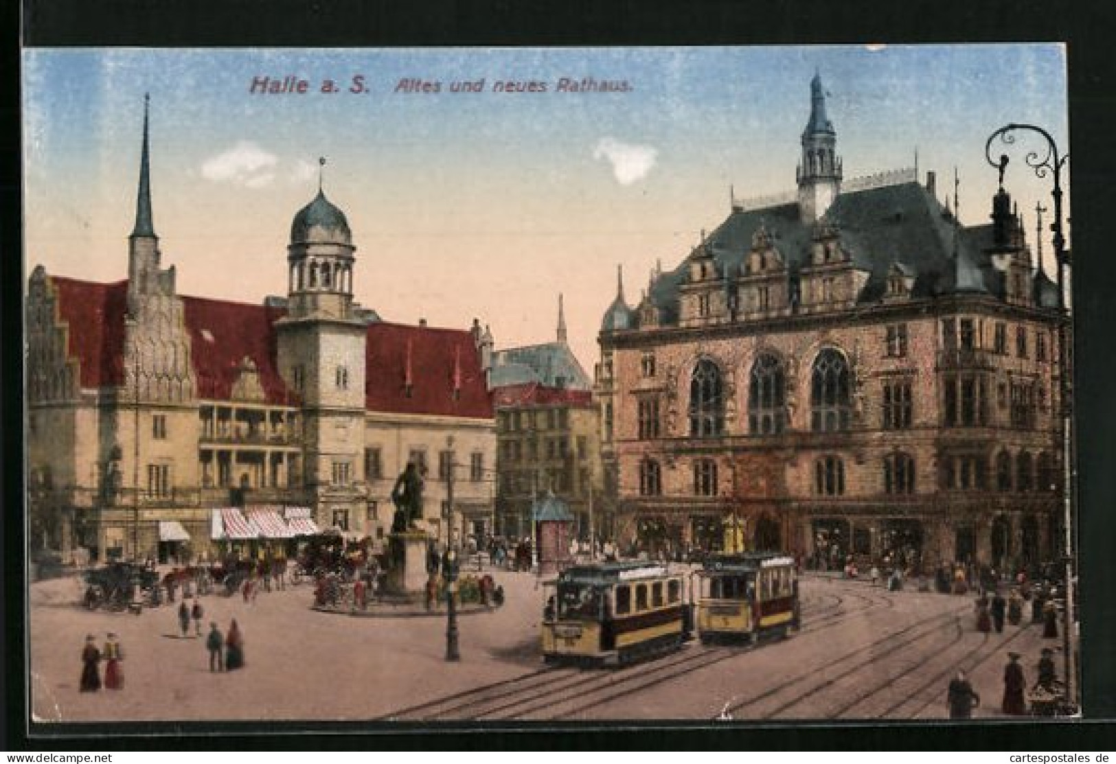 AK Halle A. S., Altes Und Neues Rathaus Mit Denkmal Und Strassenbahn  - Tranvía