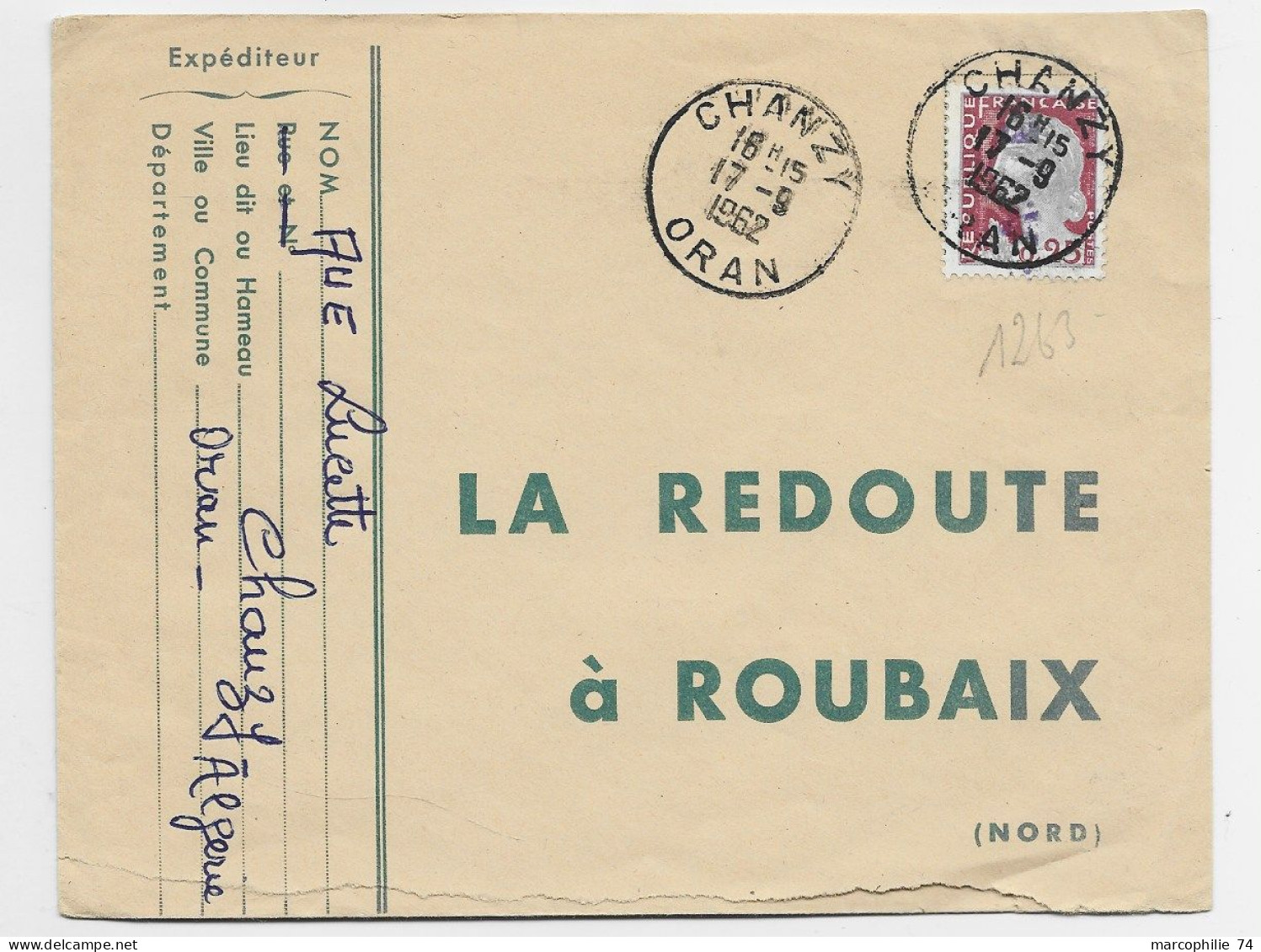 DECARIS 25C E.A. LETTRE TIMBRE A DATE CHANZY 17.9.1962 ORAN - 1960 Marianne De Decaris