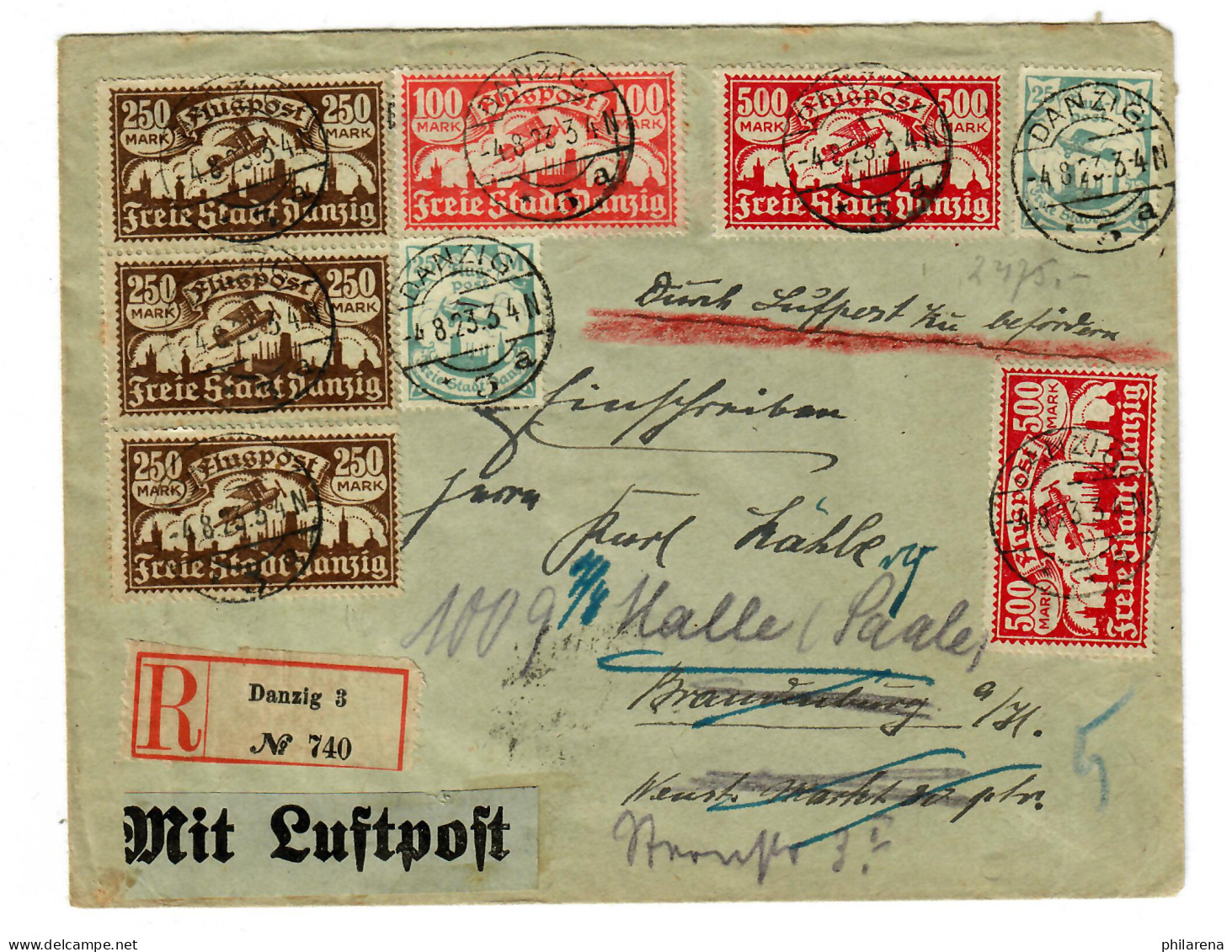 Einschreiben Danzig 3, Luftpost Nach Brandenburg, Weiterleitung Halle, 4.8.1923 - Covers & Documents