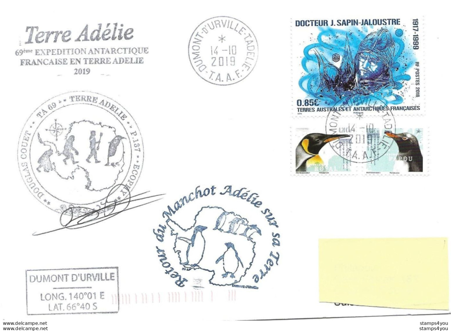 255 - 49 - Enveloppe TAAF Terre Adélie Base Dumont D'Urville - Cachets Illustrés TA69 - Onderzoeksstations