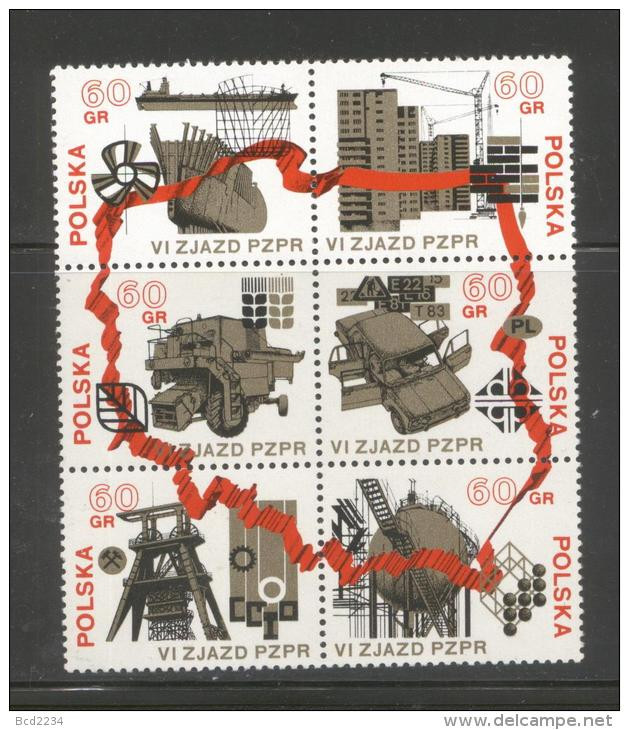 POLAND 1971 6TH PZPR PARTY CONGRESS STRIP BLOCK NHM United Workers Party Communism Socialism Cars Petrochemical - Blocks & Kleinbögen