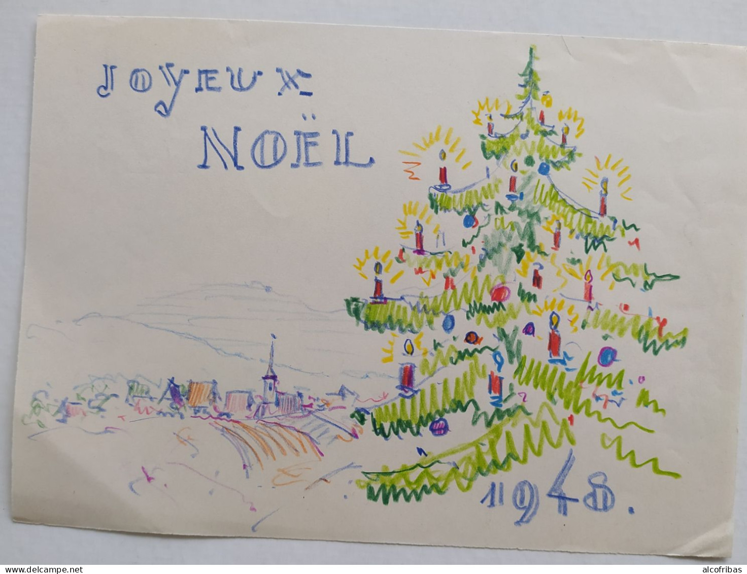 Dessin Aux Crayons De Couleur Joyeux Noel 1948 Sapin Village  De Jean Muller Strasbourg - Dessins