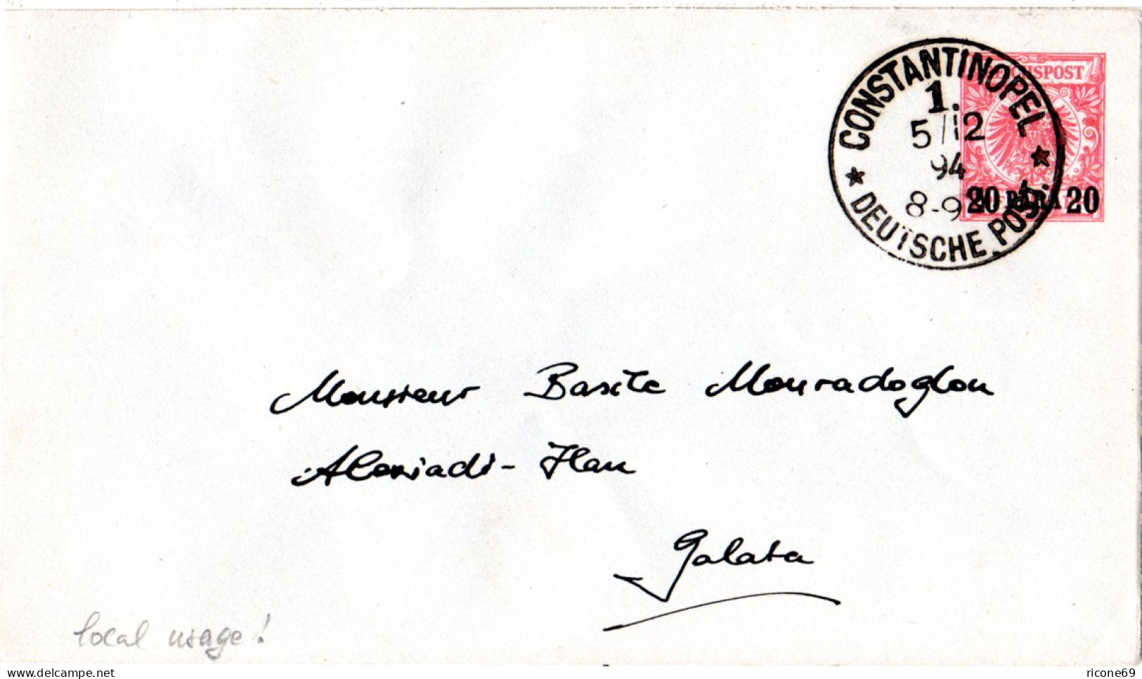 DP Türkei 1894, 20 P./10 Pf. Ganzsache Brief In Ortsverwendung V. Constantinopel - Turquia (oficinas)
