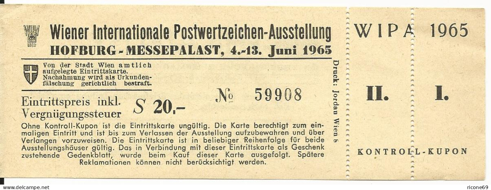 Österreich WIPA 1965,  Ungebrauchte Eintrittskarte - Briefe U. Dokumente