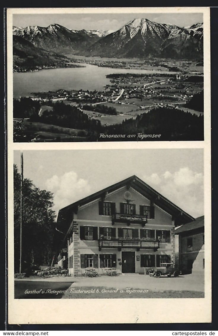 AK Gmund, Panorama Mit Tegernsee, Gasthaus & Metzgerei Finsterwald  - Tegernsee