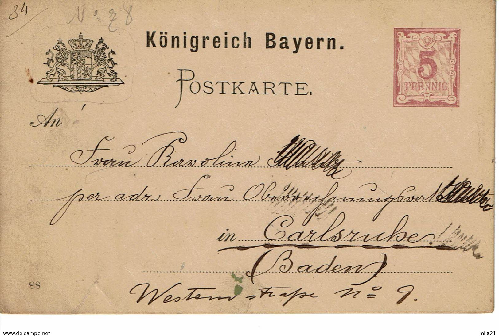 BAVIERE ENTIER POSTAL 5  PFENNIC ROUGE Saumon - Postkarten