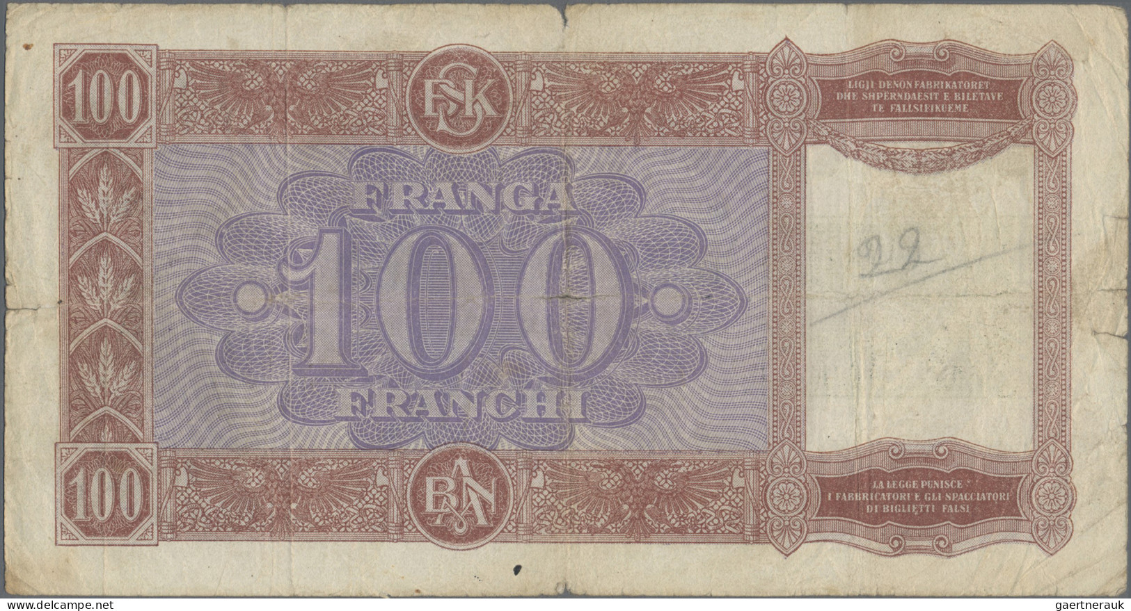 Albania: Albanian State Bank, Set Of 5 Banknotes 100 Franga 1945 Provisional Iss - Albanie