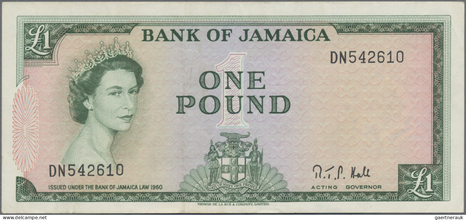 Jamaica: Bank Of Jamaica, 1 Pound L.1960 (1964 ND), Signature R. T. P. Hall As " - Jamaica