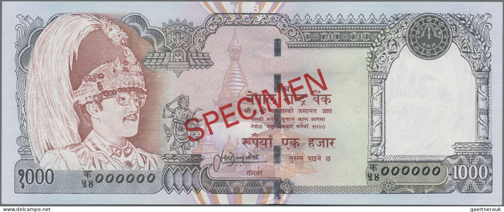 Nepal: Nepal Rastra Bank, 1.000 Rupees ND(2000) SPECIMEN, P.44as With Signature: - Népal