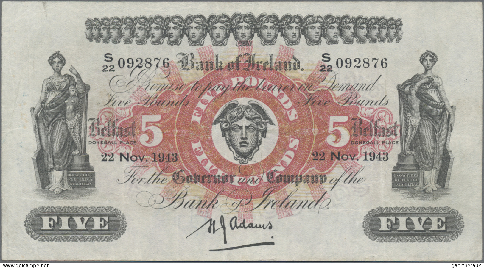 Northern Ireland: Bank Of Ireland, 5 Pounds 22nd November 1943, P.52c, Very Nice - Other & Unclassified