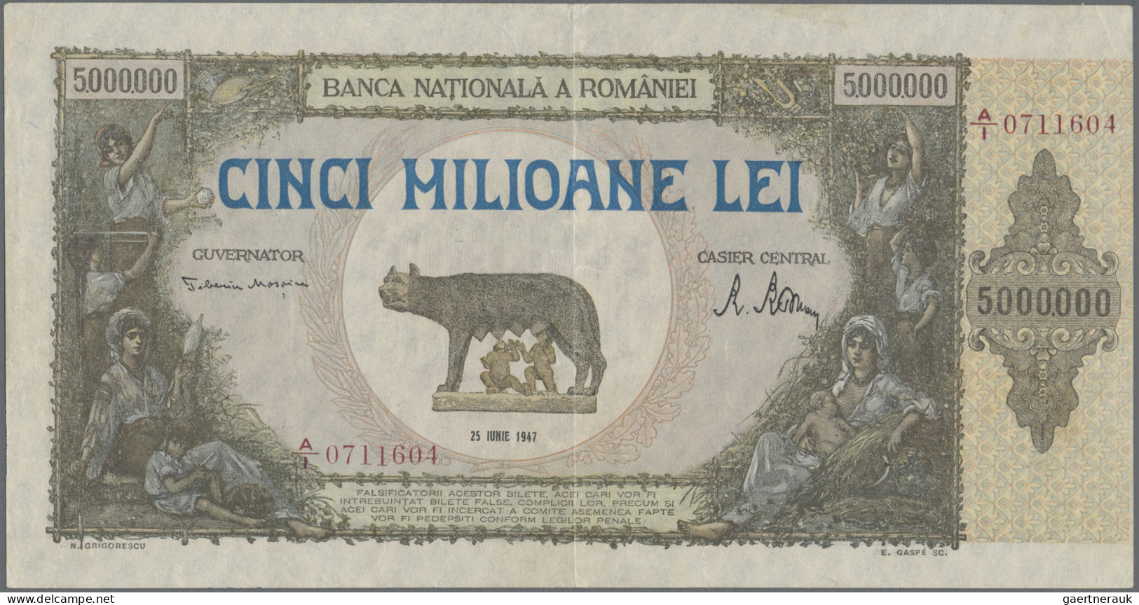Romania: Banca Naţională A României, 5 Million Lei 1947, P.61a, Stronger Vertica - Romania