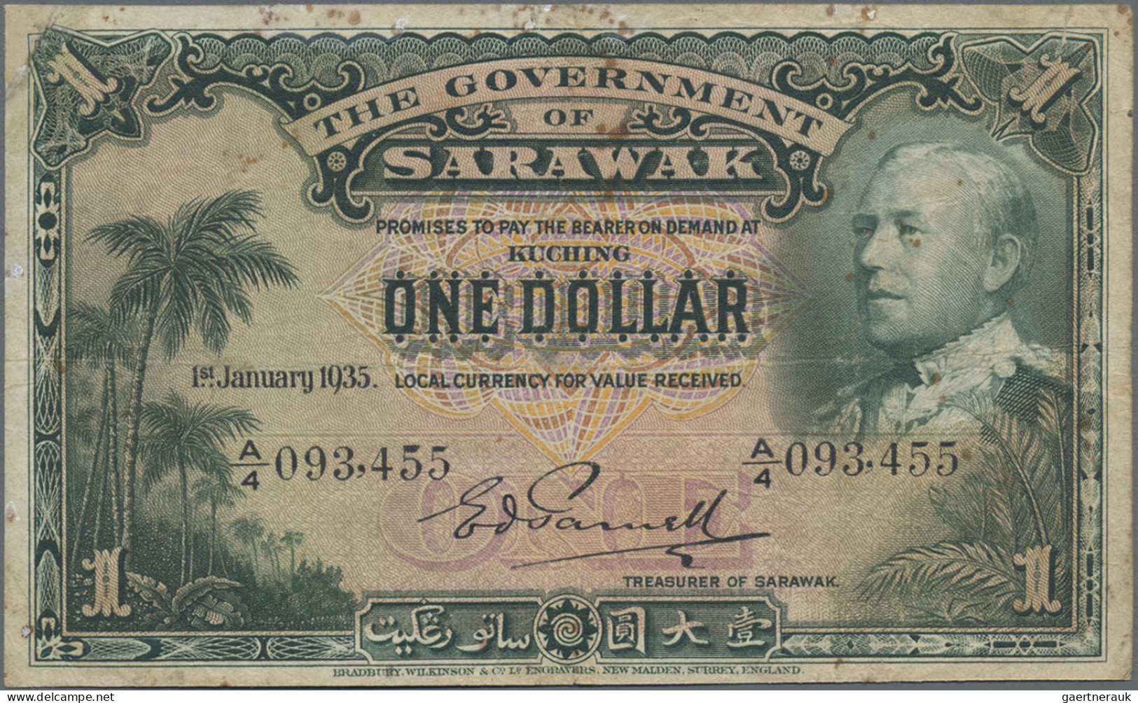 Sarawak: The Government Of Sarawak, 1 Dollar 1st January 1935, P.20, Minor Repai - Malaysie