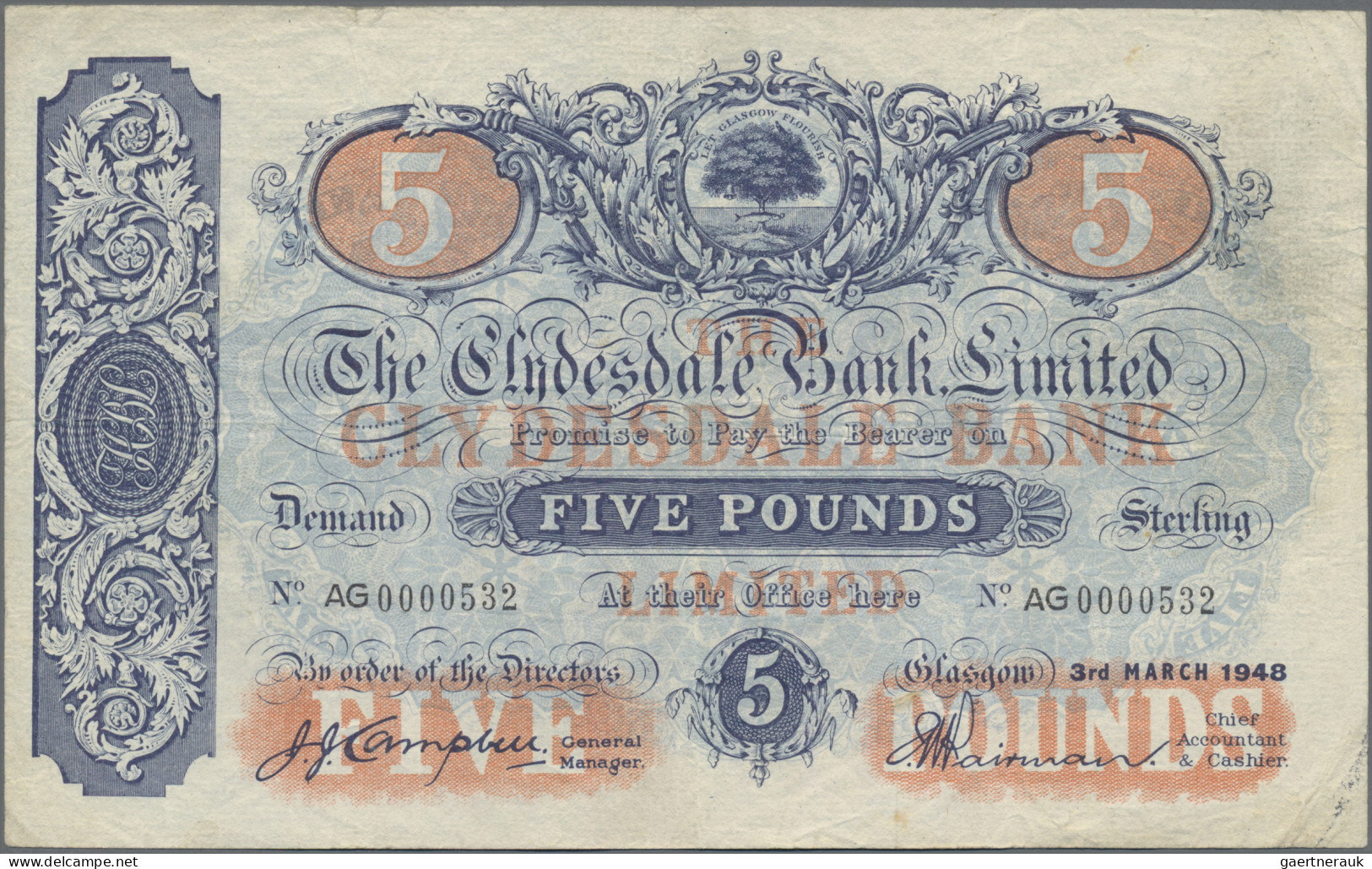 Scotland: The Clydesdale Bank Limited, 5 Pounds 3rd March 1948, P.190, Still Nic - Sonstige & Ohne Zuordnung