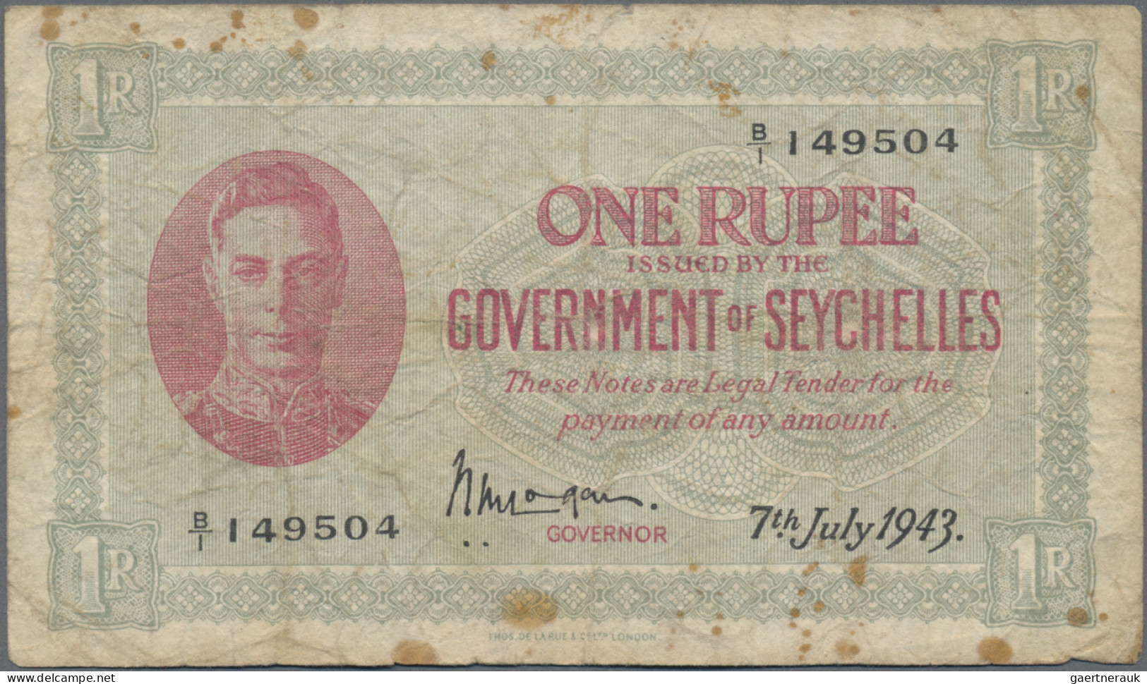 Seychelles: The Government Of Seychelles, 1 Rupee 7th July 1943, P.7a, Minor Mar - Seychelles