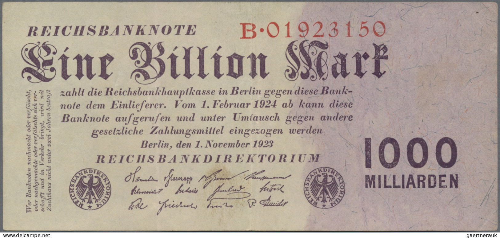Deutschland - Deutsches Reich bis 1945: Lot mit 4 Banknoten 1 Billion Mark 1923,