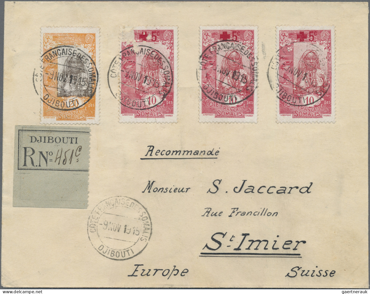 French Somali Coast: 1915/1918, Two Registered Covers From Djibouti To Switzerla - Covers & Documents