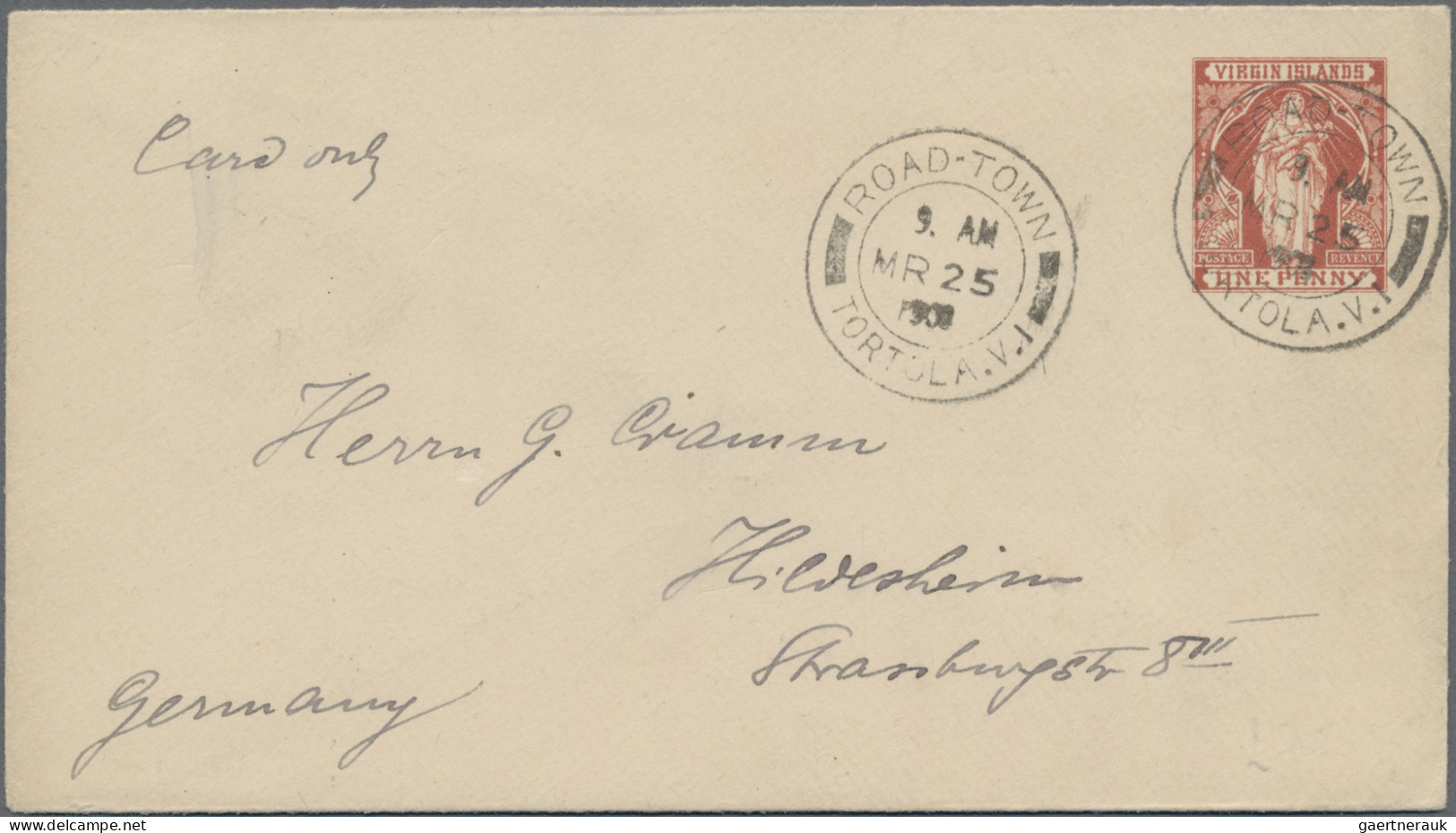 Virgin Islands: 1908, Envelope 1d Reddish Brown Canc. "ROAD TOWN TORTOLA V. I. M - Iles Vièrges Britanniques