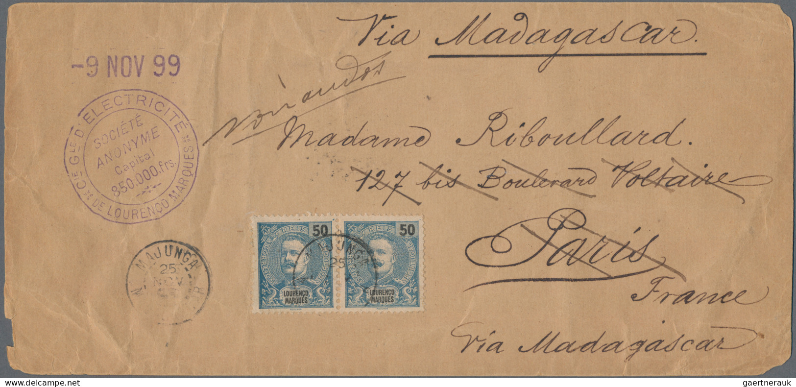 Lourenco Marques: 1899 Cover From Lourenco Maques ("9 NOV 99" Datestamp) To Pari - Lourenco Marques