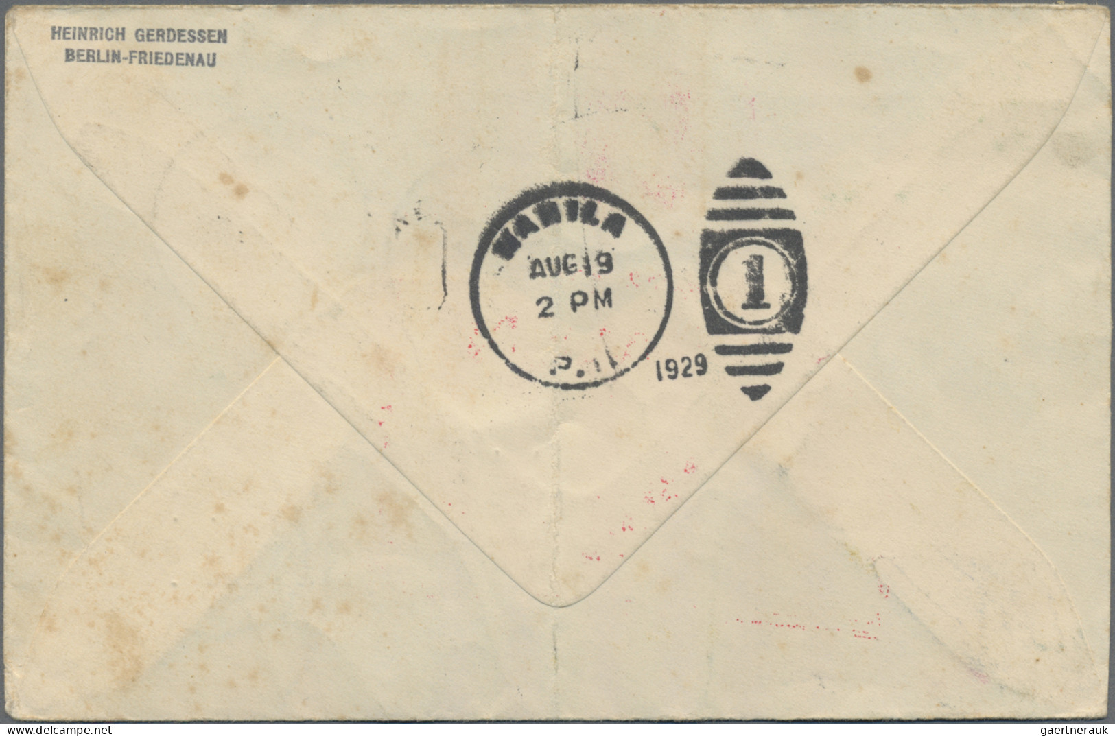 Skid Flight Mail: 1929 Destination MANILA: Gedruckter Flugpostumschlag Von Berli - Poste Aérienne & Zeppelin