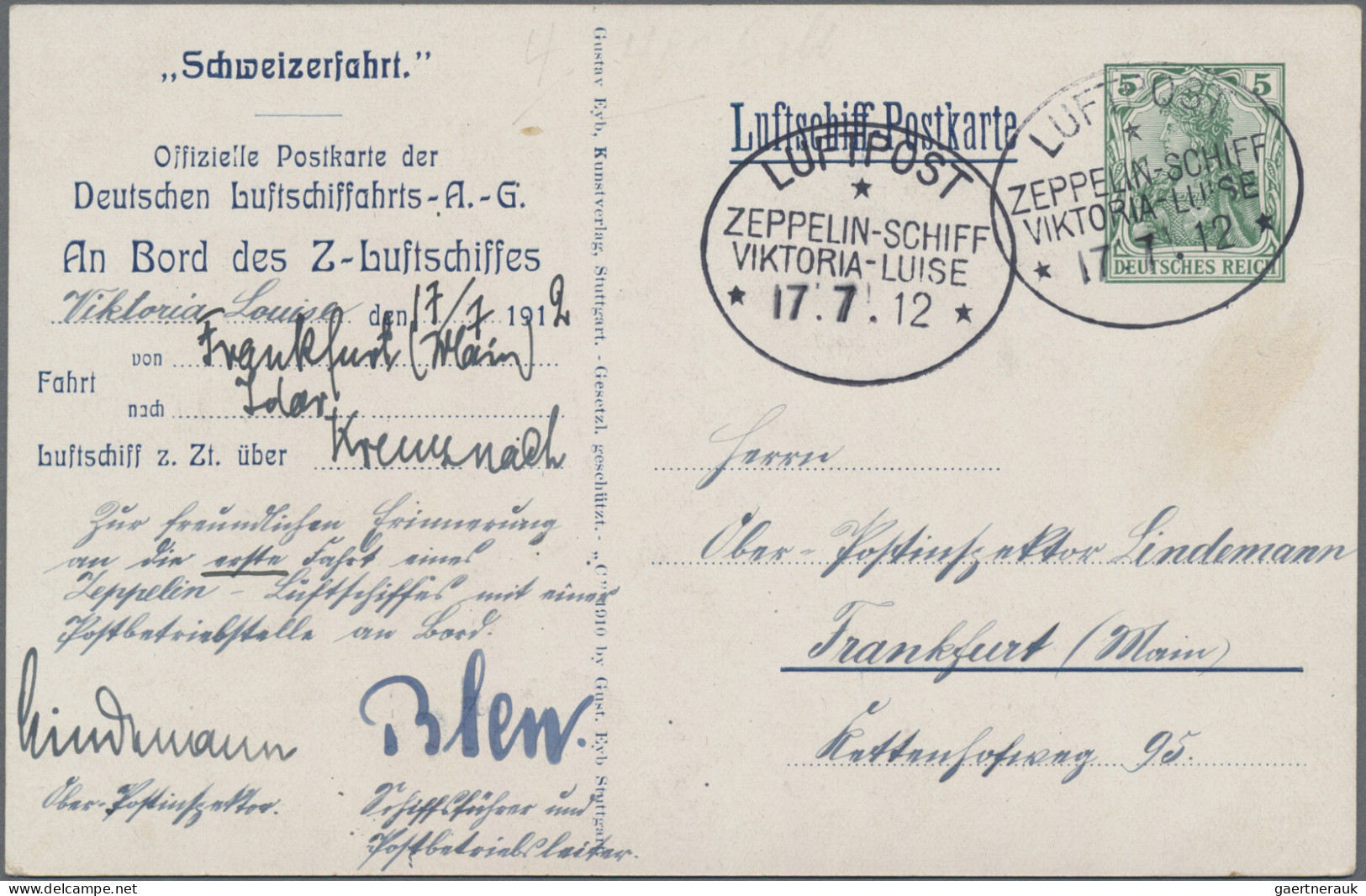 Zeppelin Mail - Germany: 1912 (17. Juli) "Victoria-Luise": Offizielle Bord-Ganzs - Poste Aérienne & Zeppelin