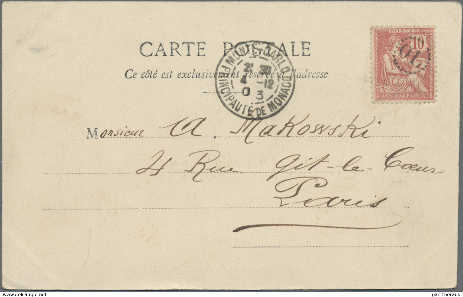 Monaco: 1903, Ppc "MONTE CARLO - Casino Et Jardins" Bearing France Mouchon 10c. - Altri & Non Classificati