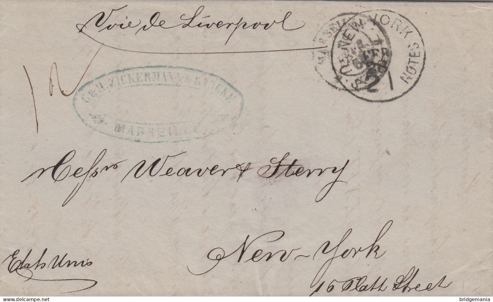 MTM148 - 1868 TRANSATLANTIC LETTER FRANCE TO USA Steamer AUSTRALASIAN CUNARD - UNPAID - DEPRECIATED CURRENCY - Poststempel