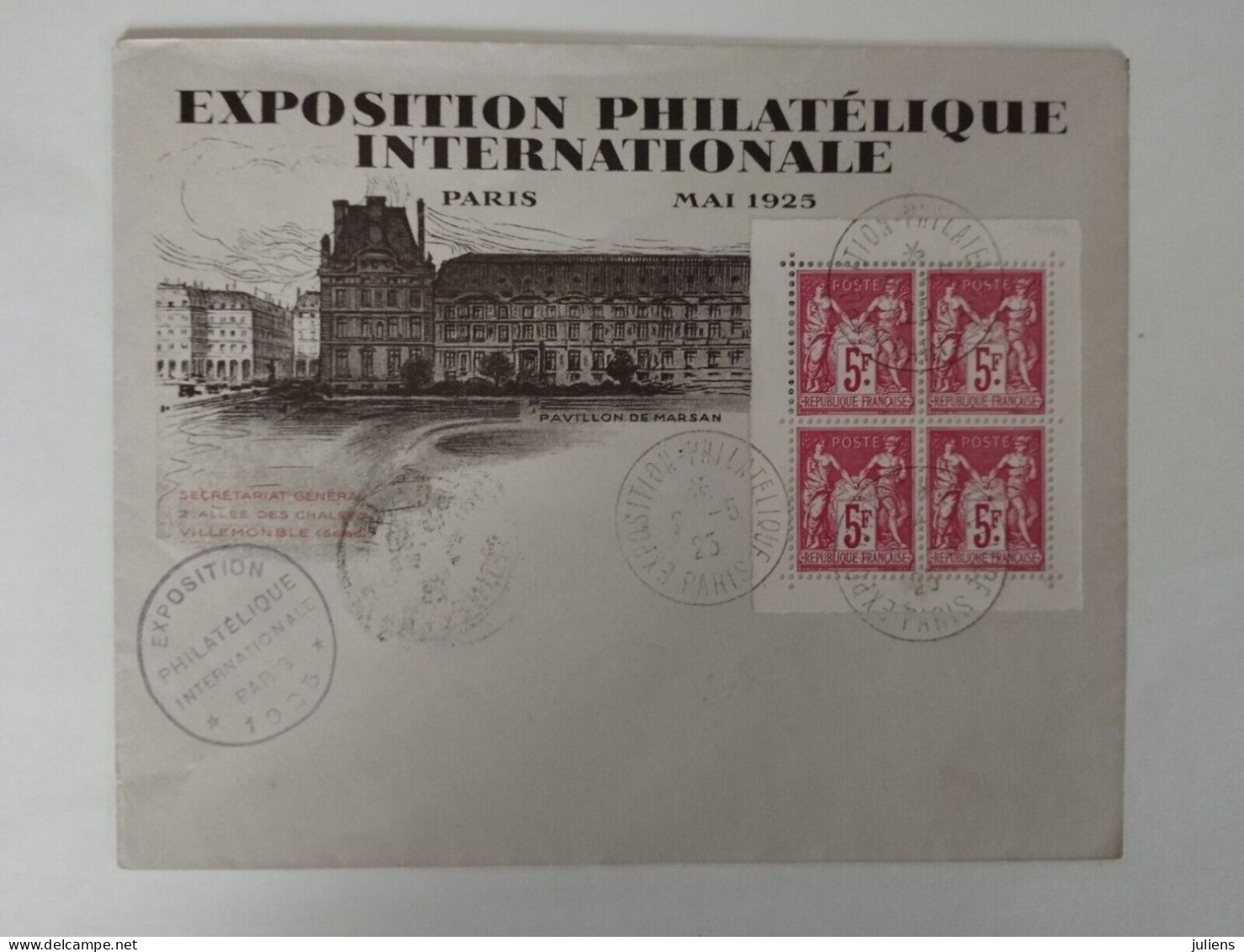 France BF1 Bf 1 BLOC DE 4 FEUILLET SUR LETTRE EXPO INTERNATIONALE PARIS 1925 - Usati