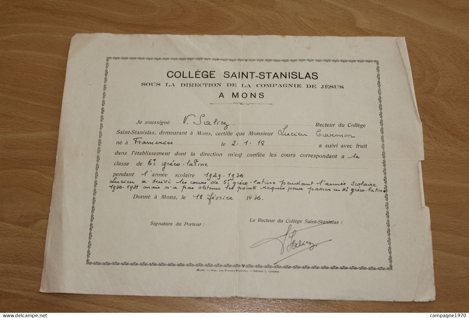 ANCIEN DIPLOME - MONS - COLLEGE SAINT STANISLAS - 1930 - Diploma's En Schoolrapporten