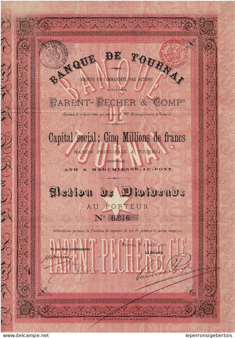 - Titre De 1872 - Banque De Tournai - Société En Commandite Par Actions Sous La Firme Parent-Pecher & Cie - EF - Bank & Insurance