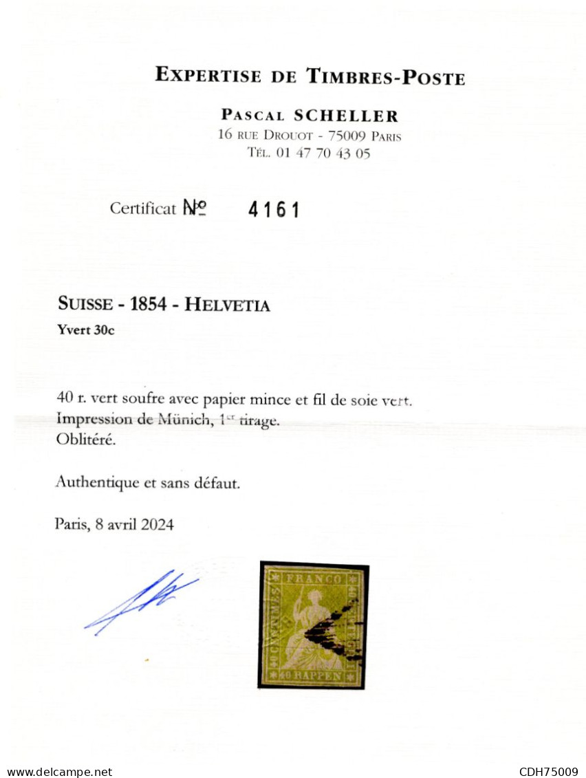 SUISSE - SBK 26Aa  40 RAPPEN VERT JAUNE PALE HELVETIA ASSISE - OBLITERE - SIGNE FULPIUS - CERTIFICAT SCHELLER - Usados