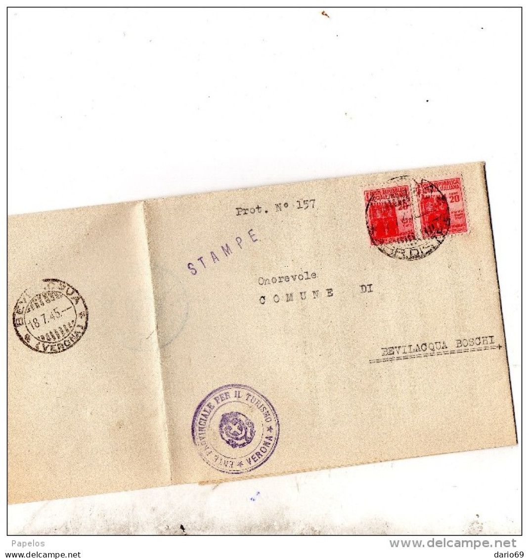 1945  LETTERA  CON ANNULLO  VERONA + BEVILACQUA - Storia Postale