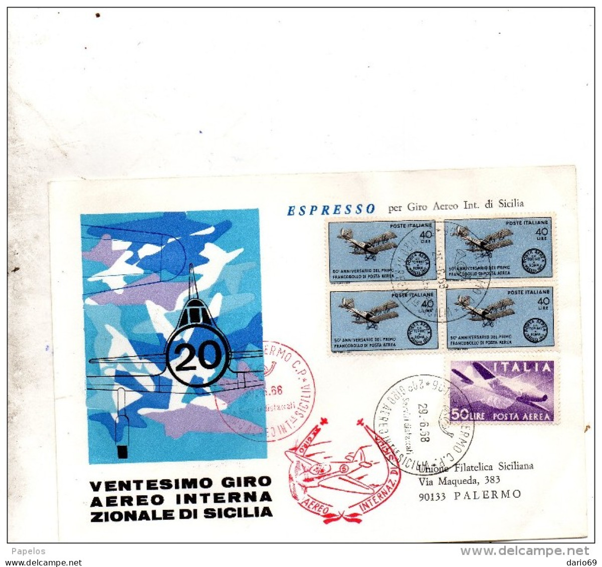 1968  LETTERA CON ANNULLO VENTESIMO GIRO AEREO DI SICILIA - 1961-70: Marcophilie