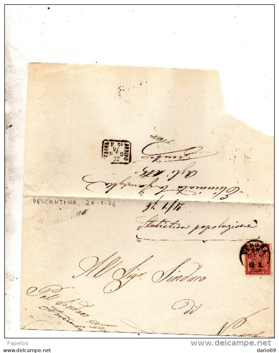 1876  LETTERA CON ANNULLO  PESCANTINA IN CORSIVO  VERONA - Marcophilia