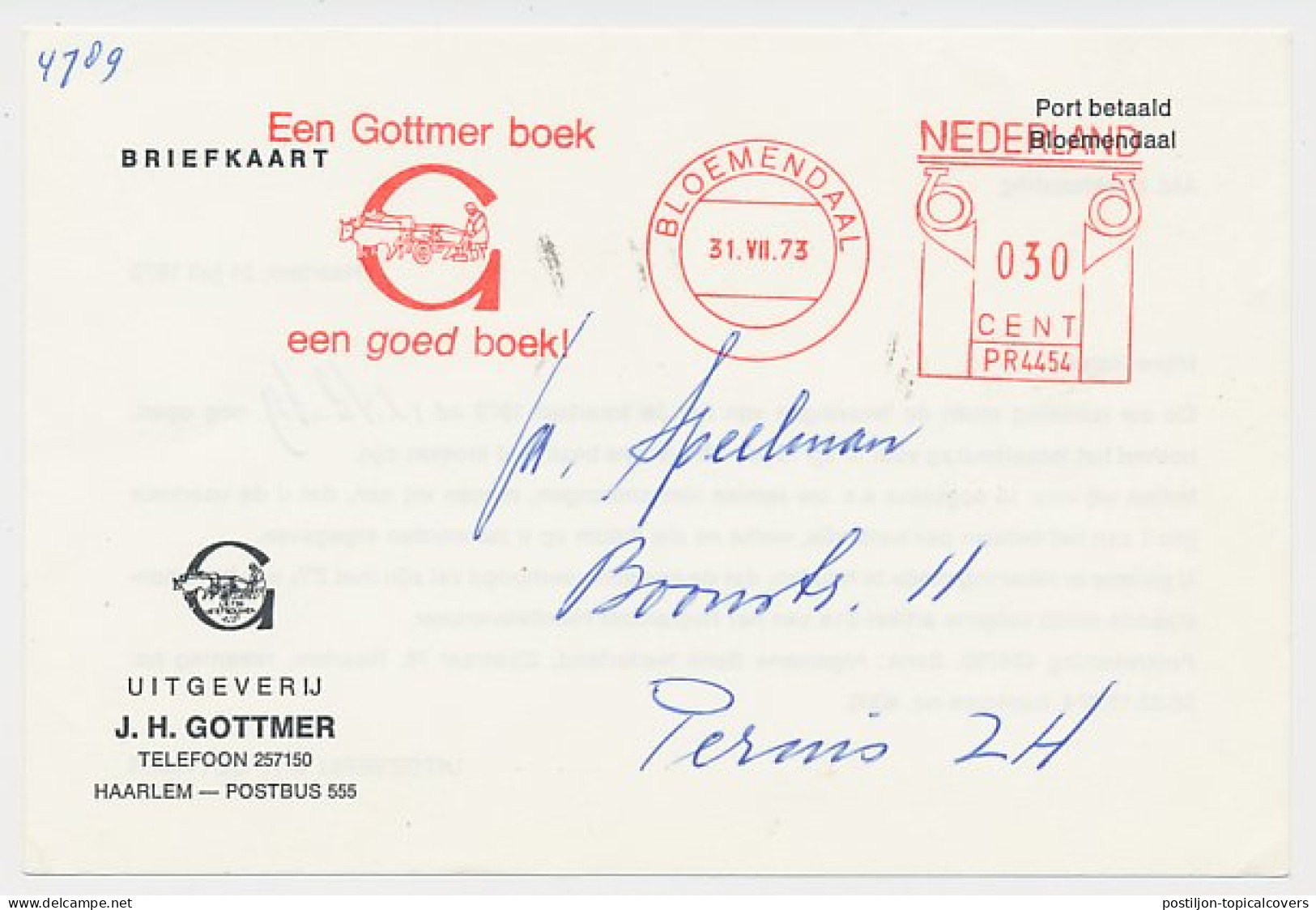 Meter Card Netherlands 1973 Plowing - Cow - Bloemendaal - Landwirtschaft