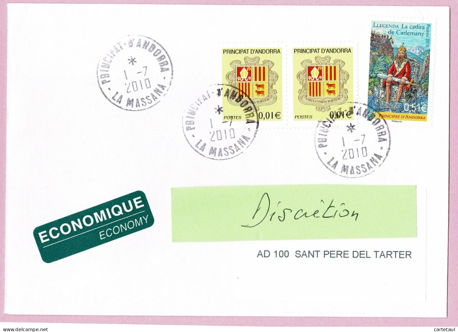 !! ANDORRA  ANDORRE Lettre Intérieure Au 1er Jour Nouveau Tarif ECOPLI LA MASSANA 1-7-2010 à 0,53€ Charlemagne + Ecu SU. - Other & Unclassified