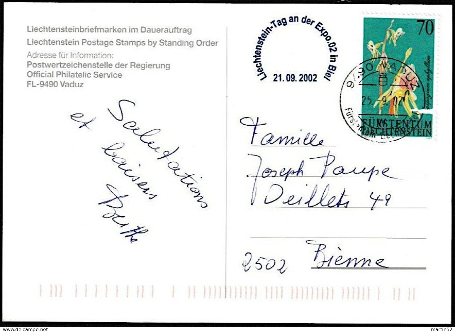 Liechtenstein 2002:  "FL-Tag An Der Expo 02 In Biel 21.9.2002" Zu 1242 Mi 1301 Yv 1242 Mit ⊙ VADUZ 25.9.02 Pour Bienne - Covers & Documents