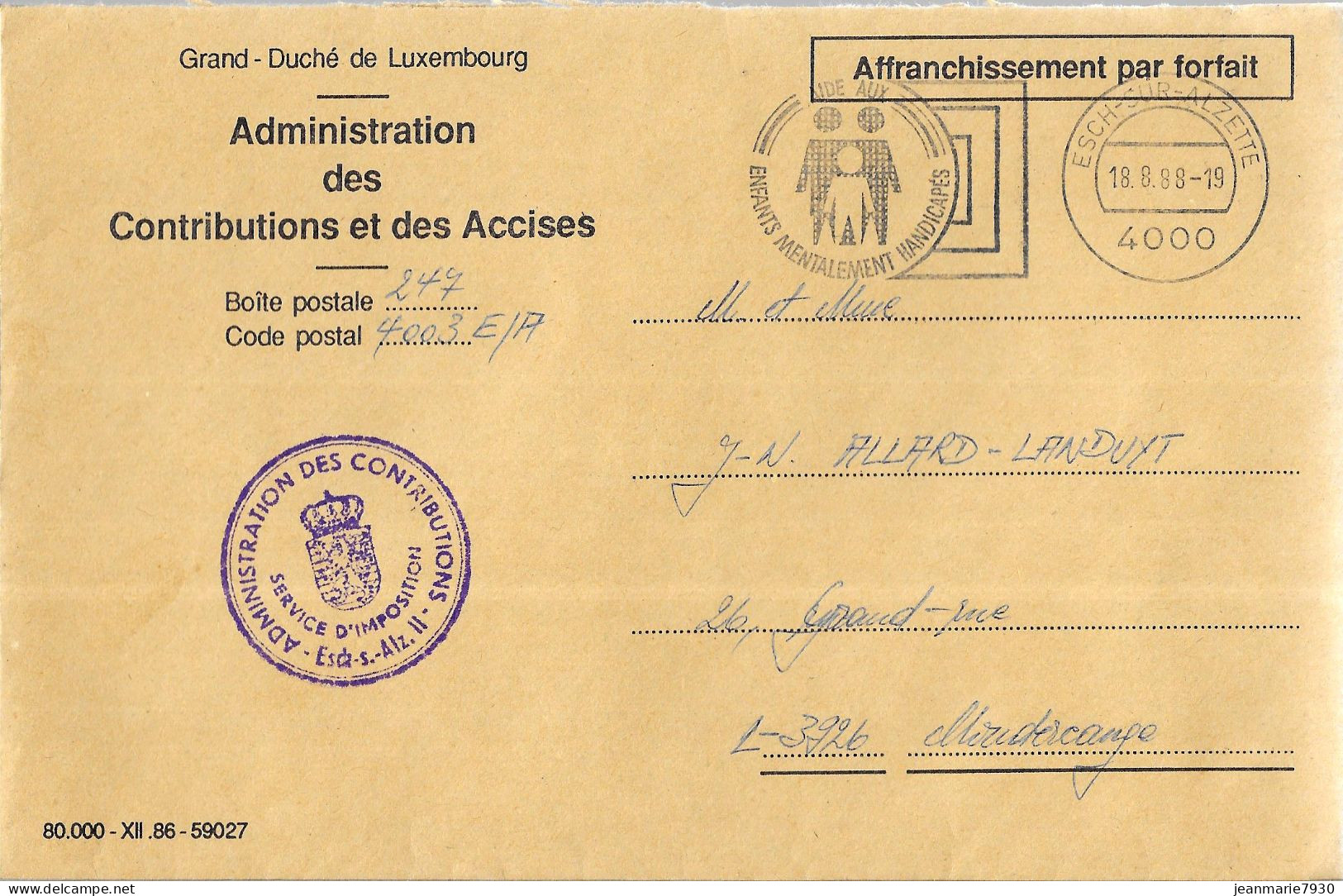 H327 - LETTRE DE ESCH SUR ALZETTE DU 18/08/88 - FLAMME - ADMINISTRATION DES CONTRIBUTIONS ET DES ACCISES - Maschinenstempel (EMA)