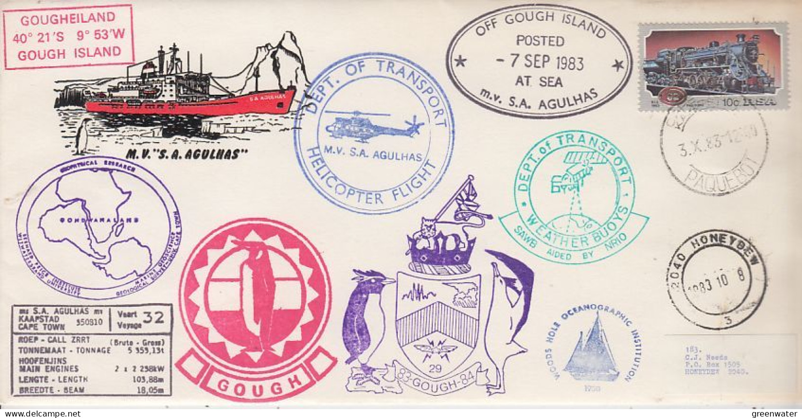 South Africa  Ca MV Agulhas Ca Heliflight Ca Weather Boys  Ca Posted Off Gough Island 7 SEP 1993(GS203) - Polar Ships & Icebreakers