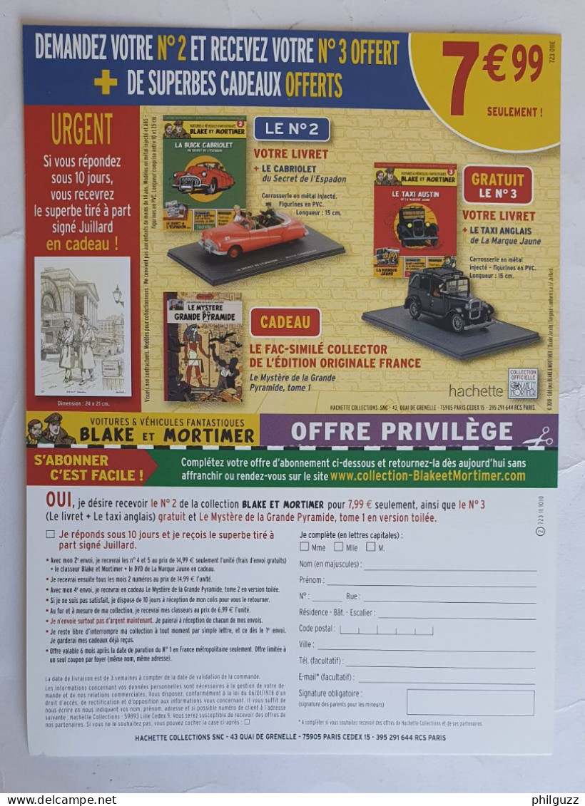 Flyers LETTRE RETOUR ABONNEMENT COLLECTION HACHETTE LES VOITURES ET LES ENGINS DE BLAKE ET MORTIMER (2) - Advertentie