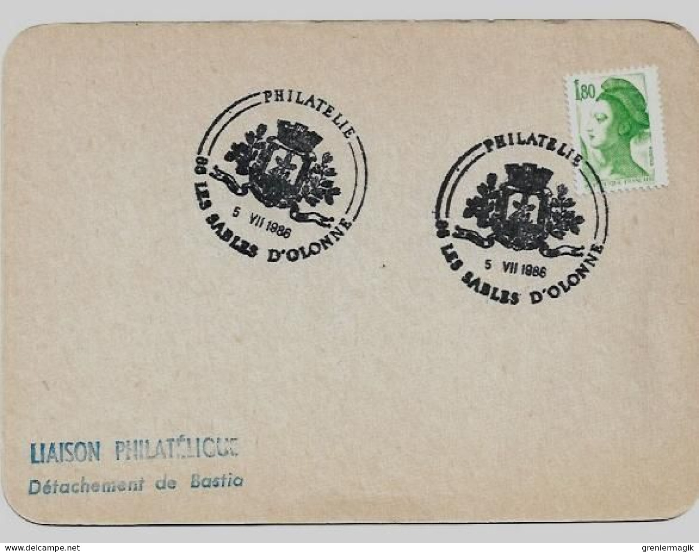 N°2375  Cachet Temporaire Philatélie 85 Les Sables D'Olonne 5 VII 1986 - Liaison Philatélique Bastia - Gandon 1,80 Vert - Bolli Provvisori