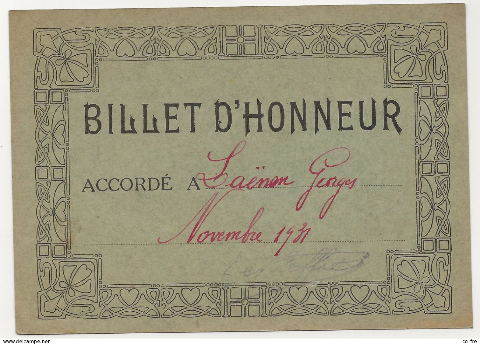 Billet D'honneur De 1931 Pour G. Laenens - Diploma's En Schoolrapporten
