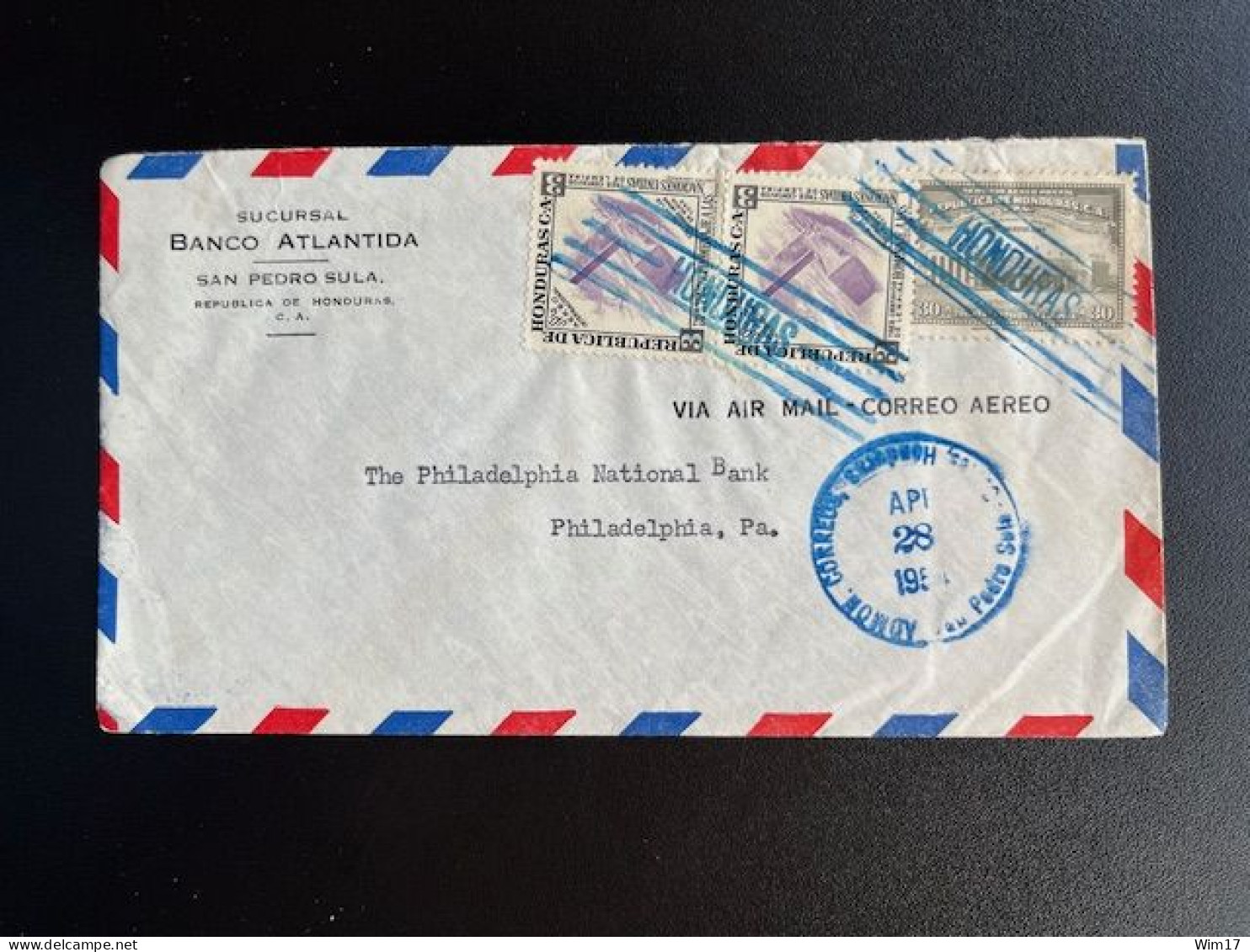 HONDURAS 1954 AIR MAIL LETTER SAN PEDRO SULA TO PHILADELPHIA USA 28-04-1954 - Honduras