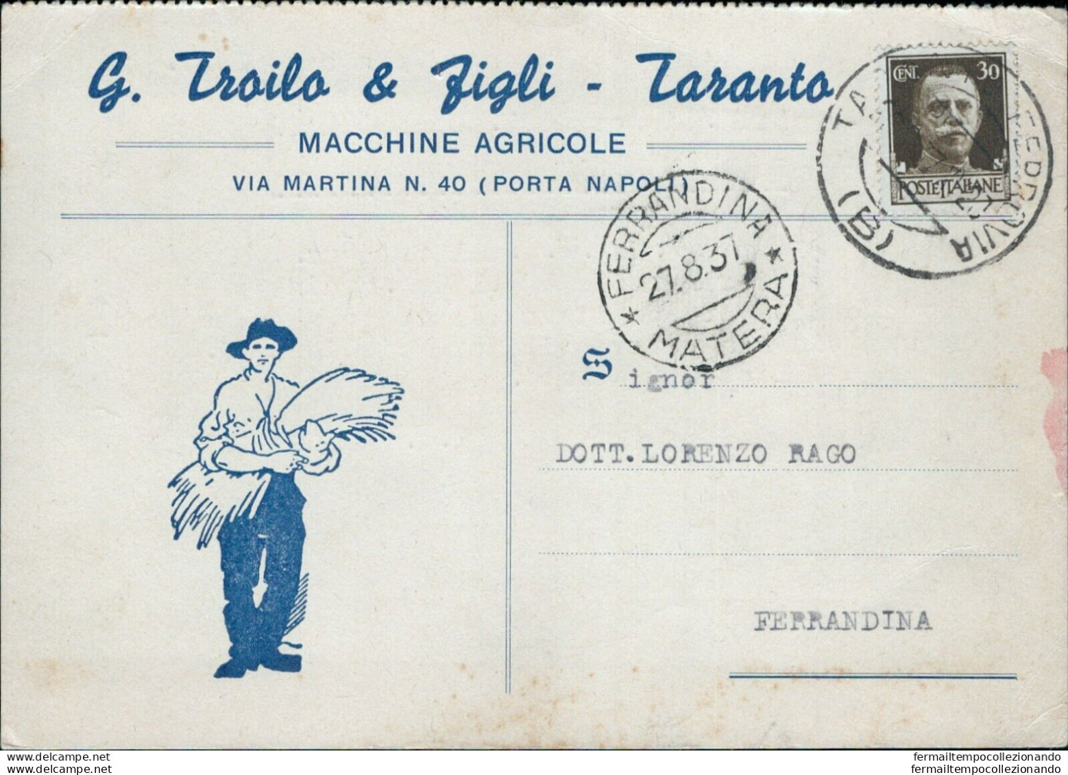 Cl177 Cartolina Commerciale Taranto Citta' 1937 - Taranto