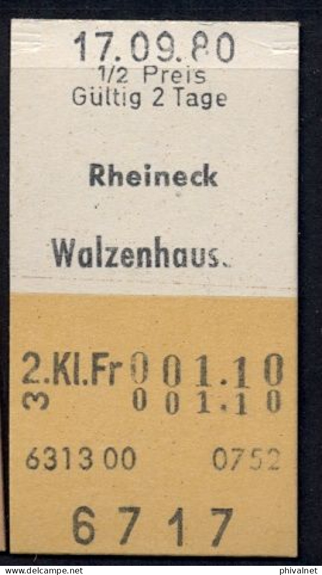 17/09/80 , RHEINECK - WALZENHAUSEN , TICKET DE FERROCARRIL , TREN , TRAIN , RAILWAYS - Europe